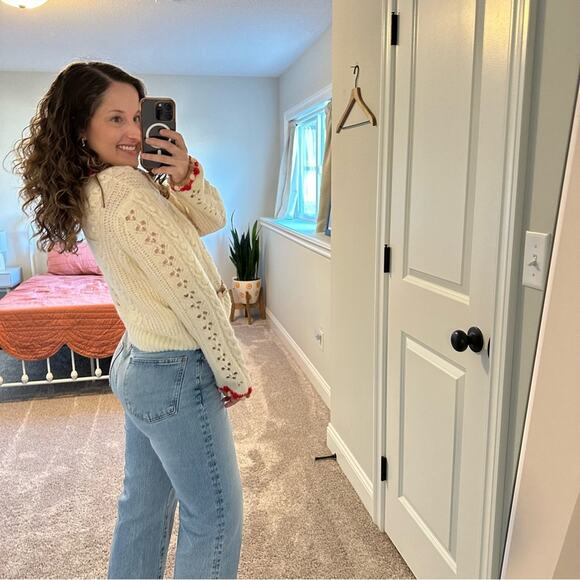 Maje White Red Brown Eyelet Alpaca Wool Cardigan Sweater 2 Medium - Picture 4 of 15